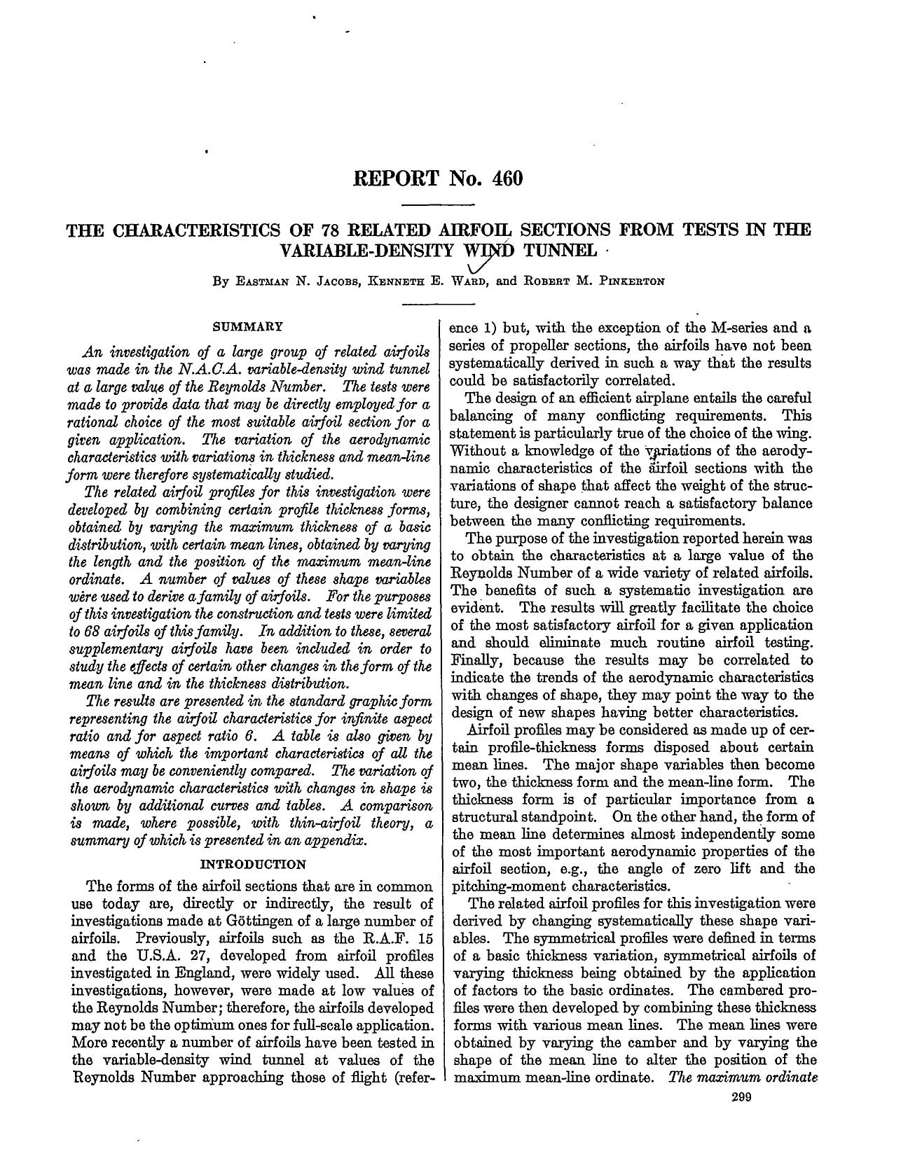 NACA Report 460, The Characteristics of 78 Related Airfoil Sections from the Tests in the Variable-Density Wind Tunnel
