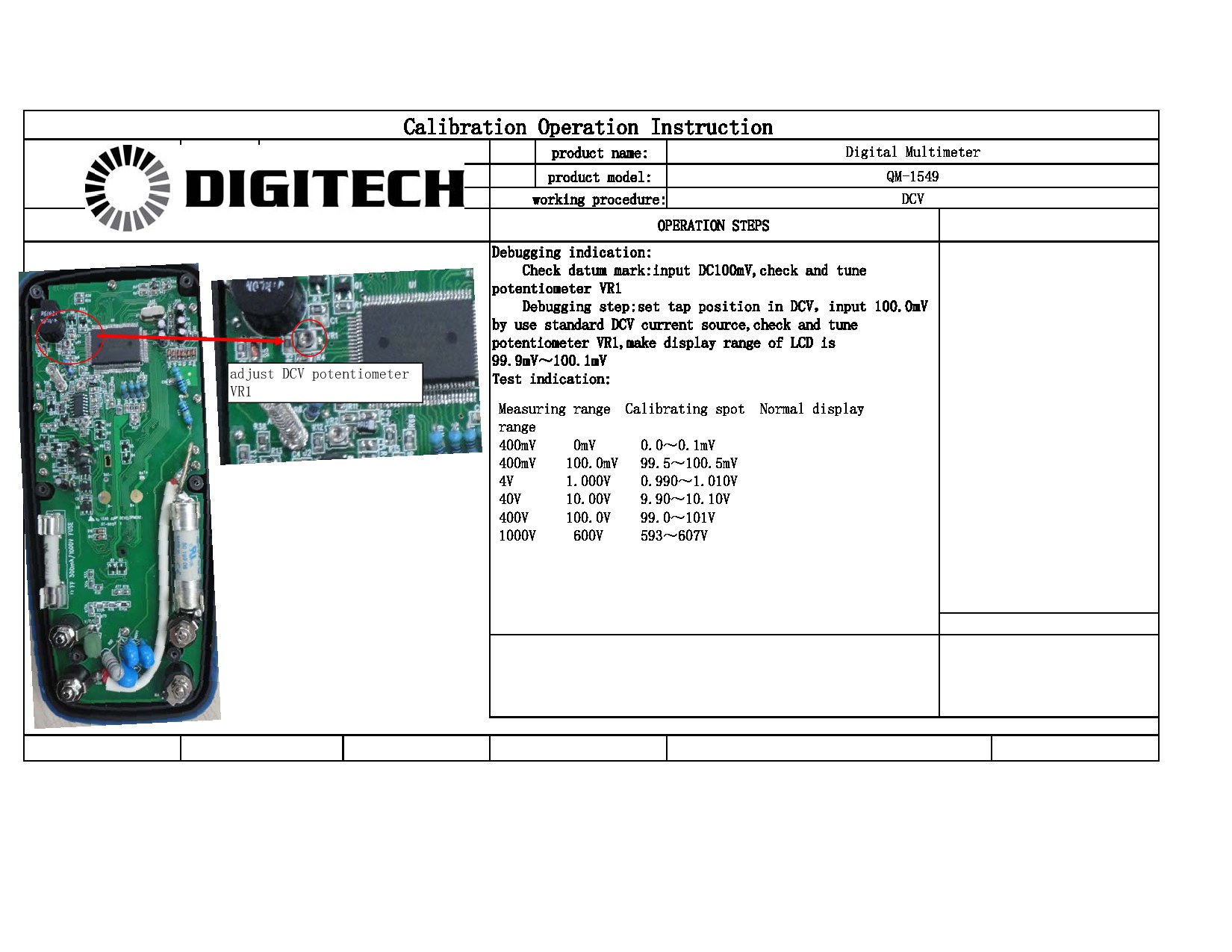 Digitech QM-1549 Calibration Operation Instruction