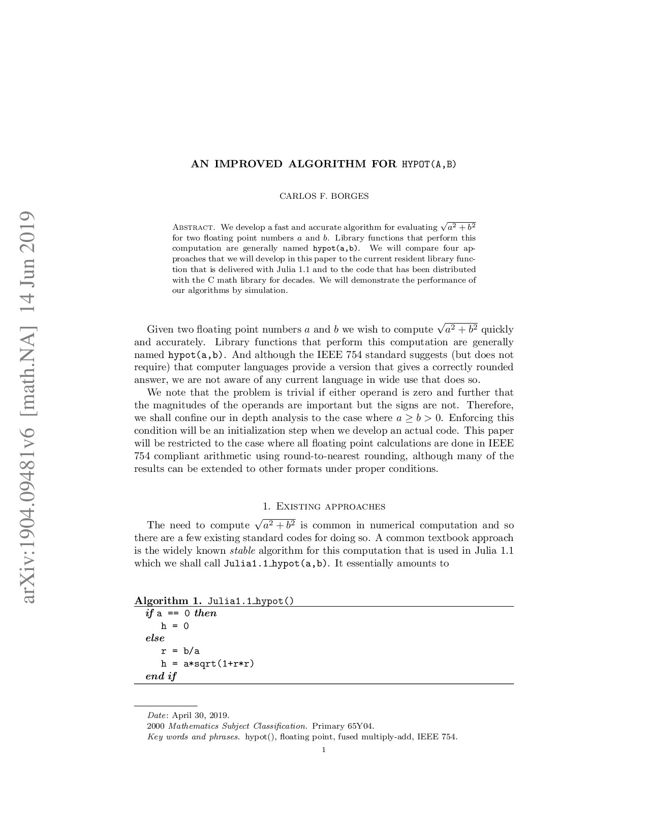 An Improved Algorithm for hypot(a,b)