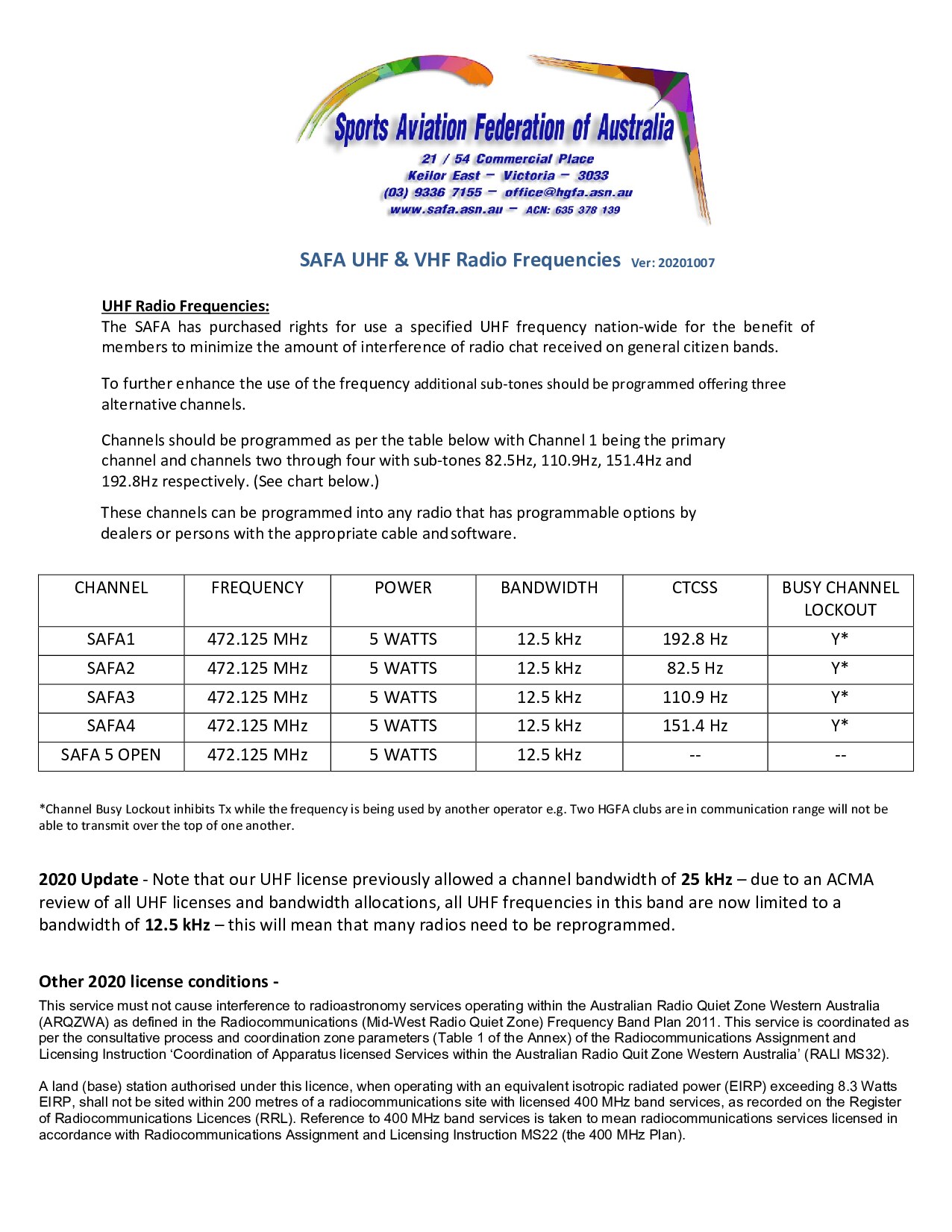 SAFA UHF/VHF Radio Frequencies